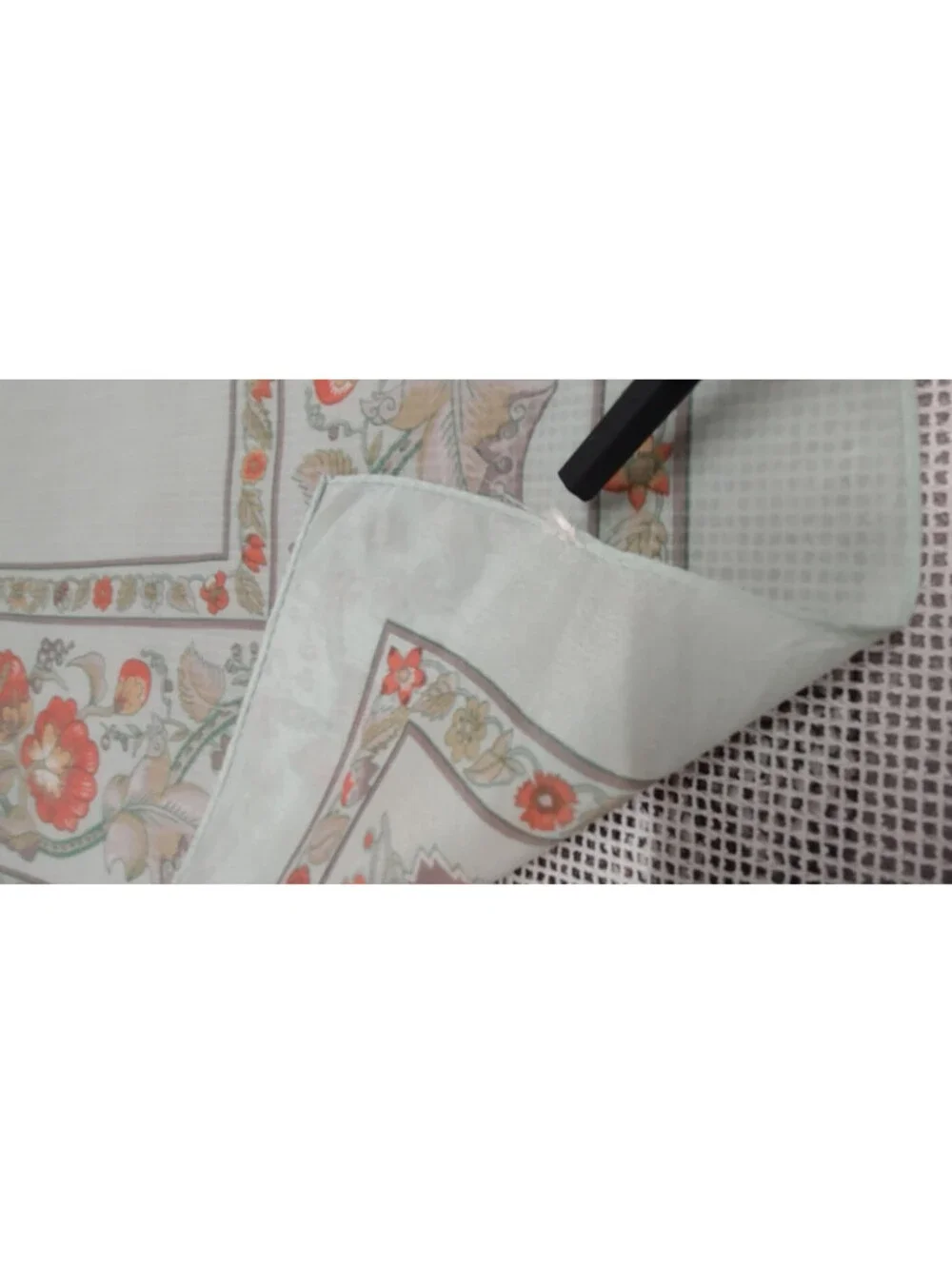 Vintage Cacharel Silk Rayon Scarf Bohemian Style Border Floral Mint Green Gray